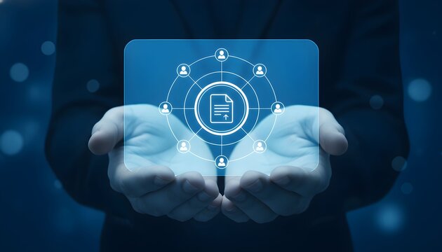 A person's hands holding a glowing digital document icon, representing data sharing and network connections.