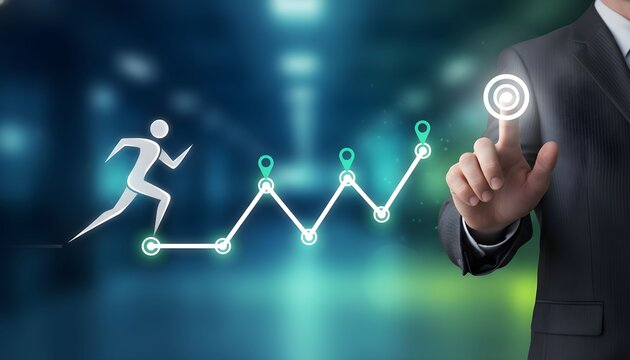 Business growth concept with running man and rising graph.