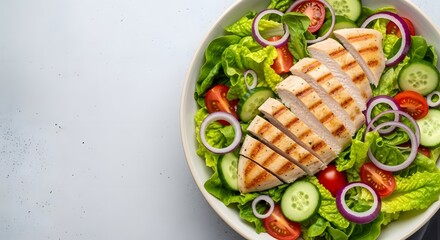 health food backgorund copy space Overhead shot of a grilled chicken salad with fresh vegetables on a white table