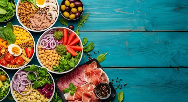 health food background Overhead shot of various healthy bowls with fresh ingredients on a blue table