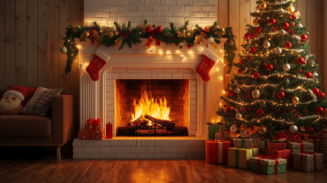 Fireplace with christmas decorations at living room