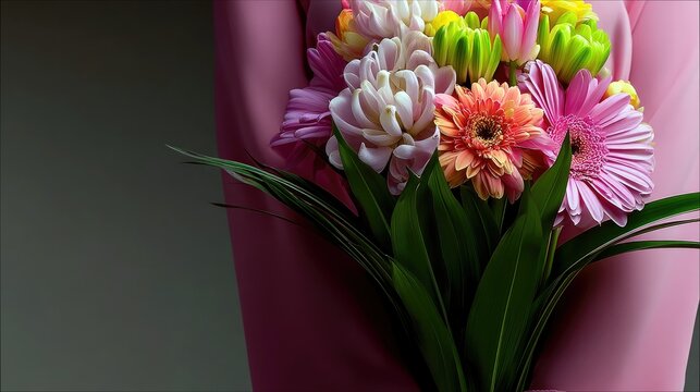 A colorful bouquet of various flowers, including gerbera daisies, tulips, and other blooms, is presented in pink wrapping against a dark, moody background. - Powered by Adobe