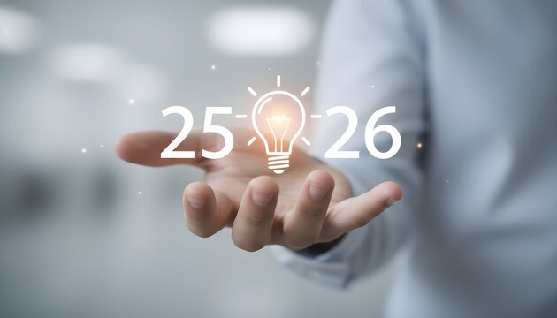 A person's hand holding a glowing lightbulb with numbers 25 and 26, symbolizing ideas.