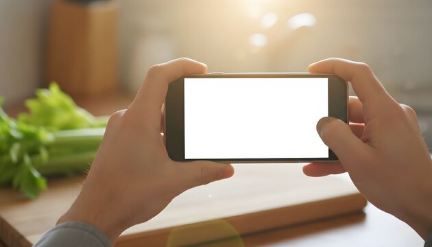 Hands holding a smartphone horizontally to capture a photo or video in a kitchen setting.