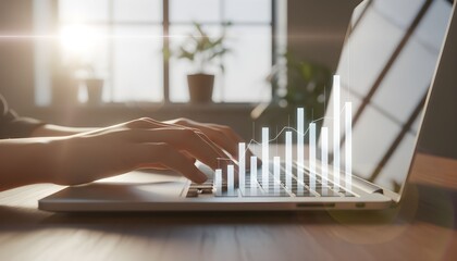 Close-up of hands typing on a laptop with a glowing bar chart on the screen, symbolizing data analysis and business growth in a bright office setting.