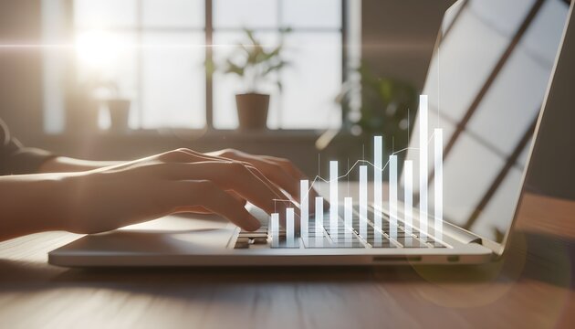 Close-up of hands typing on a laptop with a glowing bar chart on the screen, symbolizing data analysis and business growth in a bright office setting.