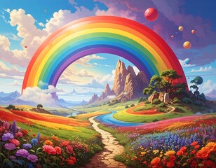 A Colorful Journey: Rainbow Landscape with Flowers, Path, and Mountain Scenery