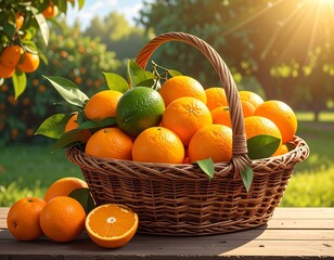 A basket filled with freshly picked oranges and lime in a sunny outdoor setting
