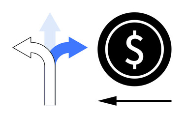 Financial decision-making. Arrows diverse paths for financial planning, investments, and economic decisions. Dollar symbol highlights monetary focus. Useful for banking, economics, business