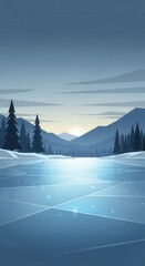 Minimalist winter landscape depicts frozen water surface against distant mountains at dawn