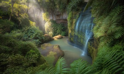 Lush waterfall cascading into a tranquil pool, surrounded by dense, vibrant greenery, bathed in soft sunlight
