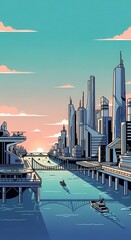 Fototapeta premium Futuristic metropolitan skyline rises above a wide waterway at sunset