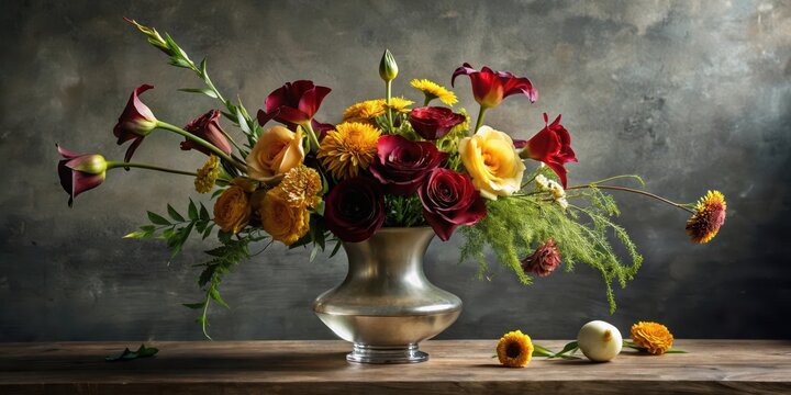 A vibrant autumnal floral arrangement in an elegant pewter vase, featuring deep red roses, yellow blossoms, and cascading greenery, rests on a rustic wooden surface against a textured backdrop.