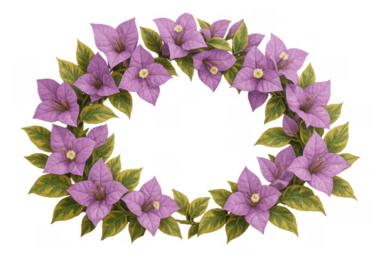 Purple bougainvillea flower wreath forming a circle frame with blooming petals and green leaves, transparent background