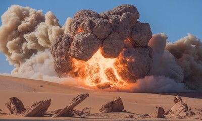 Massive explosion in a desert landscape. Large, fiery mushroom cloud erupts amidst tan sand dunes and rock formations