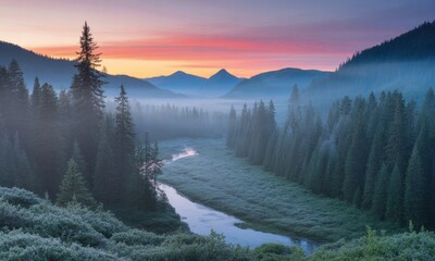 Misty mountain valley at sunrise