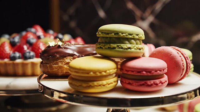 Assortment of French Pastries and Fruit Tarts on Display.
