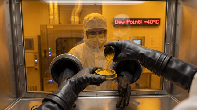 Scientist Manufacturing Solid State Batteries in Moisture-Controlled Dry Room - Powered by Adobe