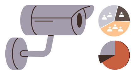 Security camera facing side with pie and demographic charts. Ideal for security, data analysis, business intelligence, monitoring, privacy, research, simple flat metaphor