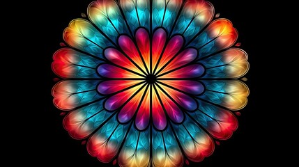 A symmetrical, circular stained glass design with radiating petals in a spectrum of vibrant colors, set against a solid black background.