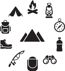 Outdoor adventure icons arranged in a circle around mountains