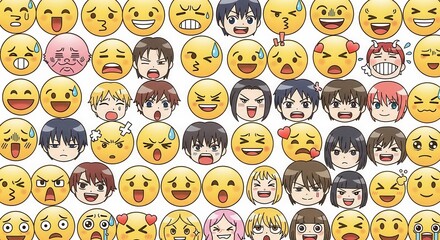 Obraz premium A myriad of human and symbolic facial expressions captures the multifaceted essence of emotions in