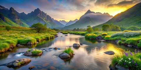 Serene River Valley at Sunset Majestic Mountains Reflecting in Calm Waters, Lush Meadows, and Vibrant Wildflowers