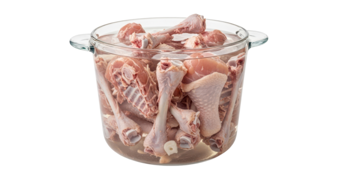 Raw chicken meat soaking in a glass pot isolated PNG with Transparent Background