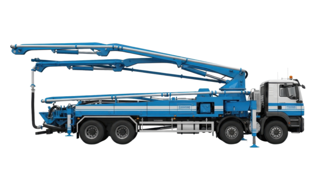 Blue concrete pump truck isolated PNG with Transparent Background