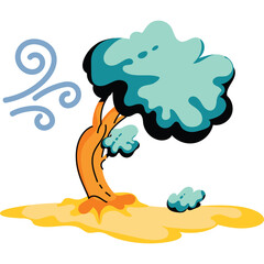 Stylized illustration of a lone tree bending in the wind on a sandy ground with swirling wind lines and isolated leaves against a transparent background