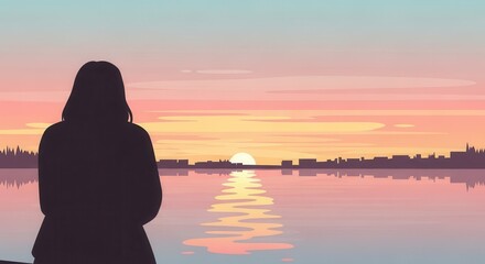 Fototapeta premium Solitary figure observes bright sun dipping below distant cityscape reflected on tranquil water surface