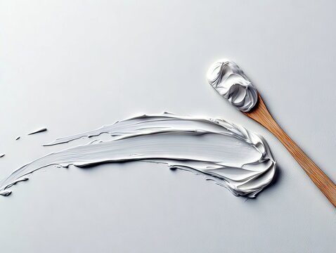 A dollop of thick white cream is swirled on a wooden spoon, with a smear of the same cream creating an abstract pattern on a light surface.