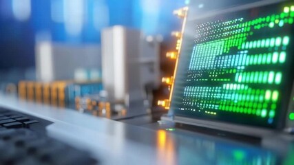 Cybernetic Code: A close-up showcases a computer screen, illuminating a vibrant display of green code within a high-tech circuit environment, symbolizing the essence of digital processing. - Powered by Adobe