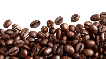 The image shows a close-up view of roasted coffee beans scattered across the bottom portion of the frame. The beans are glossy, rich brown, and textured, highlighting their freshness and roast quality