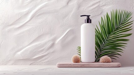 A white pump bottle is displayed on a wooden stand with decorative spheres and a palm leaf, set against a textured white background.