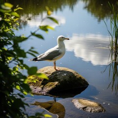 A serene lakeside scene featuring a contemplative seagull perched gracefully on a stone