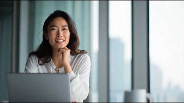 A professional woman thoughtfully working on her laptop, surrounded by a bright and modern office environment.