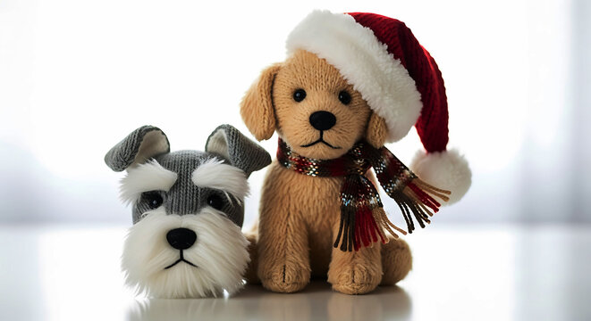 Two knitted dog toys one wearing a Santa hat and scarf stuffed animal