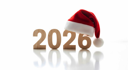 Wooden numbers 2026 with red Santa hat on white background year christmas