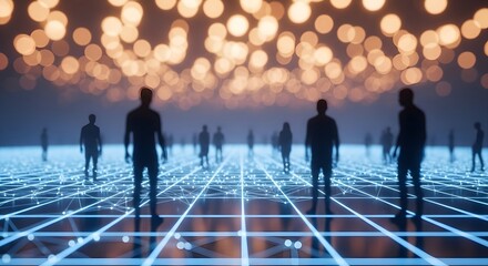Silhouetted figures on a glowing grid with bokeh lights above