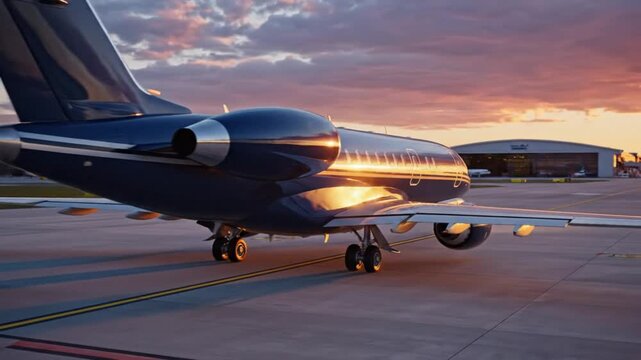 Luxury private jet aircraft parked on tarmac at sunset, reflecting warm golden hour light on its polished exterior, hinting at travel and aviation elegance