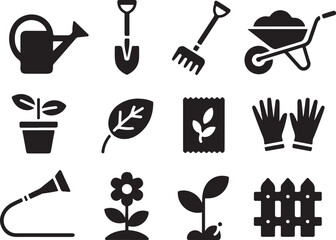 Gardening tools and supplies icons set silhouette