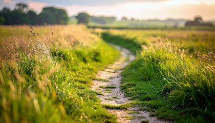A winding dirt path curves through a vibrant green meadow filled with tall grasses, bathed in the warm glow of the sun.