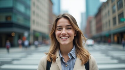 Fototapeta premium Urban lifestyle portrait in city streets, symbolizing cosmopolitan living, modern culture, and global lifestyle.