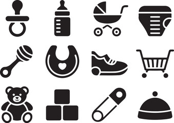 Collection of baby care and infant essential icons in black silhouette