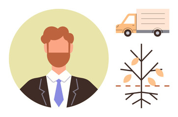 A man in formal attire, delivery van, and bare tree with autumn leaves embody business, logistics, seasons, professionalism, ecology, management and transformation. Ideal for corporate change