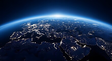 Europe at night from space with city lights and atmospheric glow