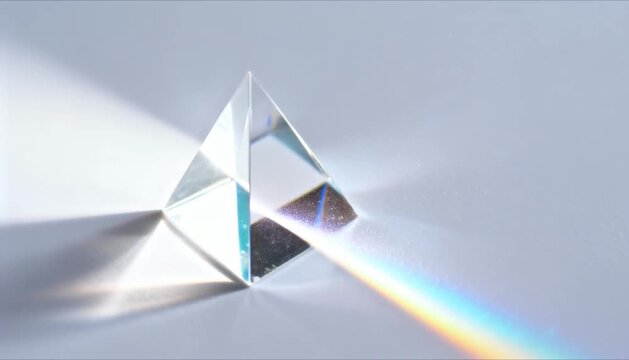 abstract high key photo of bright white light beam hitting a prism and splitting into a subtle moving rainbow spectrum, optical science and geometric physics