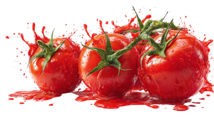 A vibrant, wet red tomato bursts with juice and water droplets, creating an energetic splash effect against a striking black backdrop. background removed