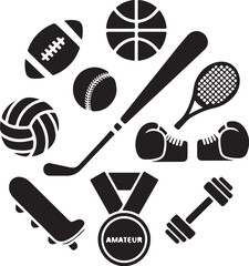 Collection of sports equipment and symbols arranged in a circle